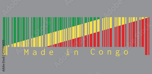 Barcode set the color of Congo flag, diagonal of green, yellow and red. text: Made in Congo. concept of sale or business.