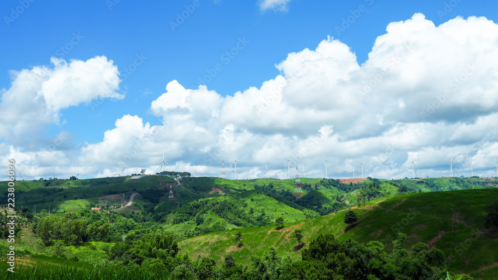 Natural scenery and mountain with wind turbines