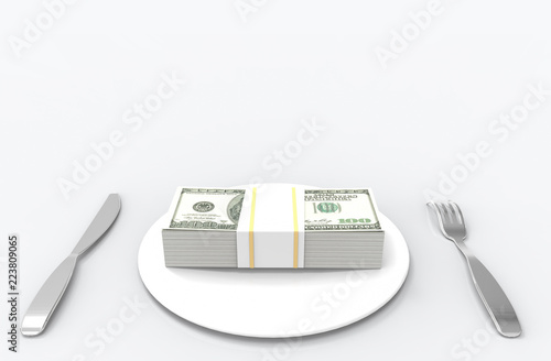 3d rendering. US one hundred dollars stack on white dish with folk, spoon on copy space gray background. Eating money or rich concept.
