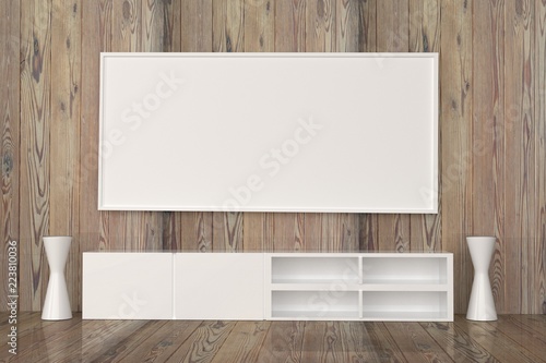 Modern Interior wooden room with white picture frame and furniture,Mock up for display product,3D rendering