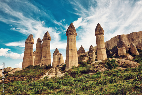 Unique geological formations in Love Valley in Cappadocia, popular travel destination in Turkey photo
