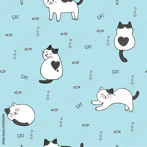 Cartoon cute cat and fish seamless pattern vector.