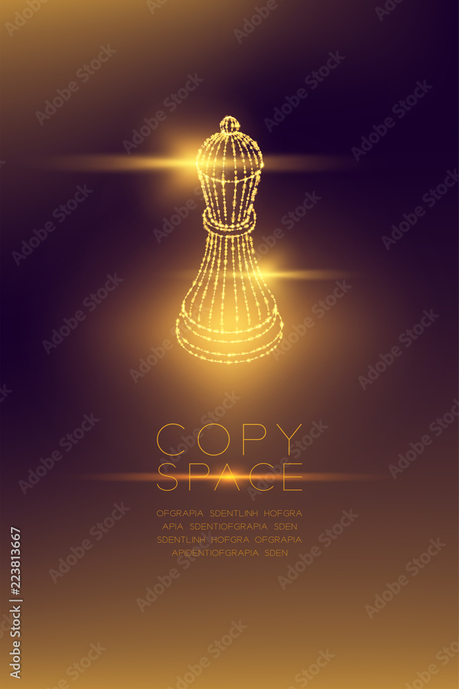 Chess Bishop isometric wireframe polygon futuristic bokeh light frame structure and lens flare, Business strategy concept design illustration isolated on dark gradient background with copy space