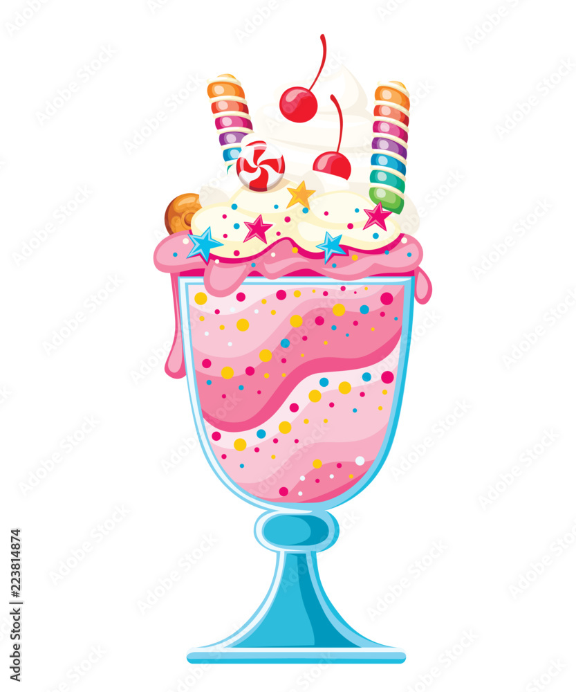 Ice cream dessert in a glass cup. Fruit sweet dessert with wafer straws ...