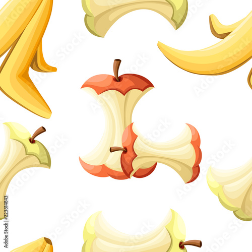 Seamless pattern. Organic garbage. Apple stub and banana peel. Cartoon design element for pollution environment and ecology. Flat vector illustration on white background