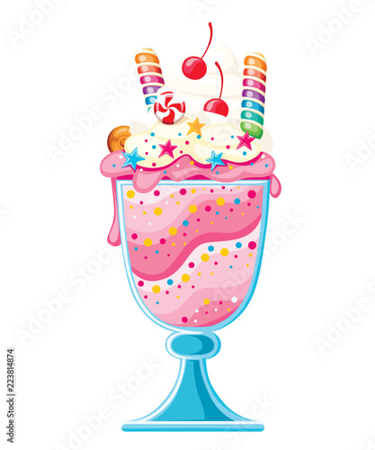 Ice cream dessert in a glass cup. Fruit sweet dessert with wafer straws, berries, lollipops, candies. Flat vector illustration isolated on white background
