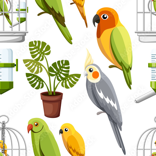 Seamless pattern. Cage with birds, water drinker and flower pot. Cartoon style icons. Flat vector illustration on white background