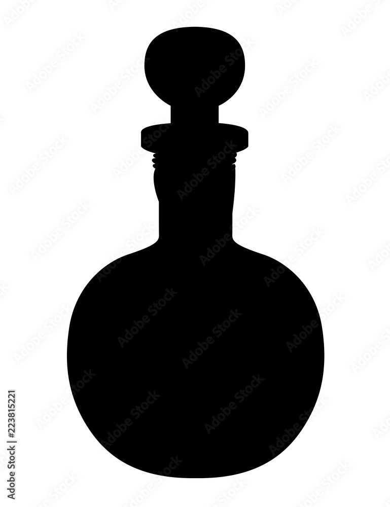 Black silhouette. Bottle with potion. Game icon of magic elixir. Health, poison, mana or magic potion flat icon elixir. Vector illustration isolated on white background Black silhouette. Bottle with potion. Game icon of magic elixir. Health, poison, mana or magic potion flat icon elixir. Vector illustration isolated on white background