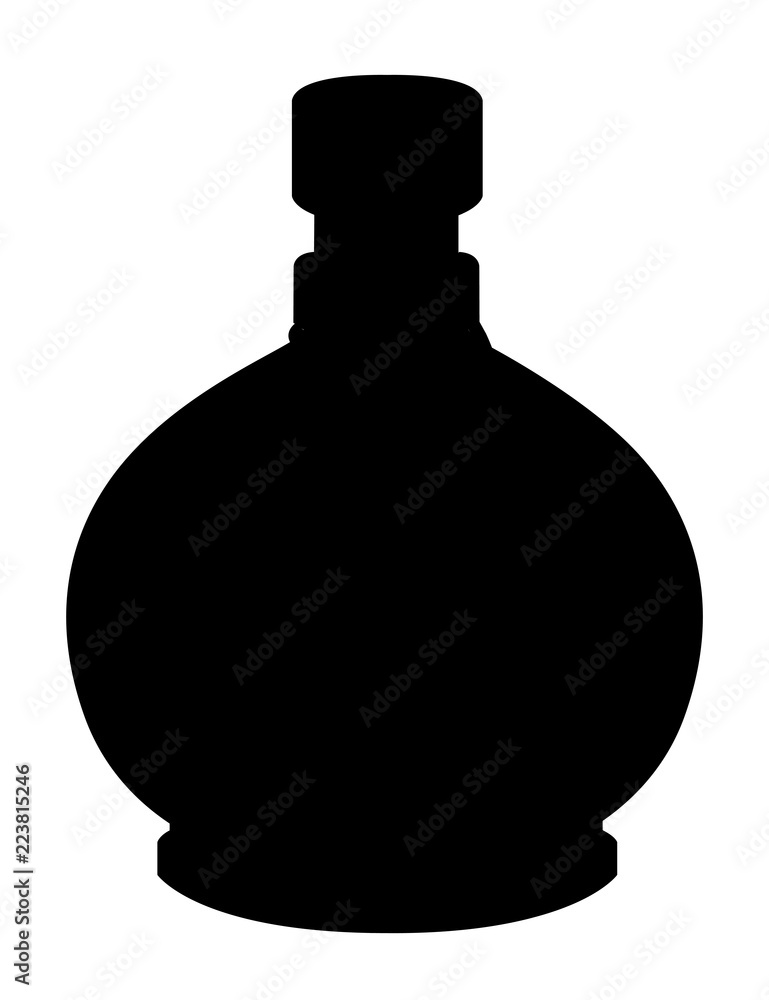 Black silhouette. Bottle with potion. Game icon of magic elixir. Health, poison, mana or magic potion flat icon elixir. Vector illustration isolated on white background Black silhouette. Bottle with potion. Game icon of magic elixir. Health, poison, mana or magic potion flat icon elixir. Vector illustration isolated on white background
