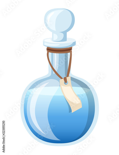 Bottle with potion. Game icon of magic elixir. Blue potion flat icon. Mana or magic elixir. Vector illustration isolated on white background