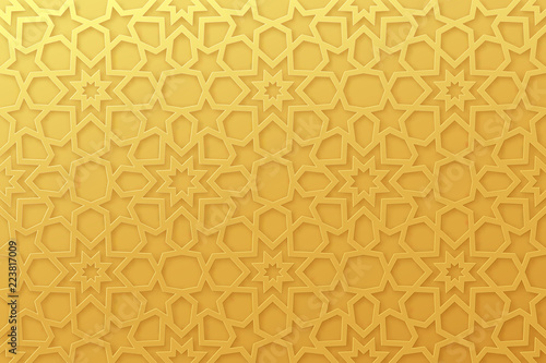 Arabic pattern background. Islamic gold ornament vector. Geometric 3d shape. Texture arabian traditional motif