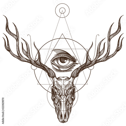 Sketch of deer skull and all-seeing eye.