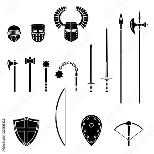 Medieval knight weapons and armors set. Medieval warrior equipment. Sword, hammer, axe, male, spear, pike,mace, bow, crossbow helmet shield. 