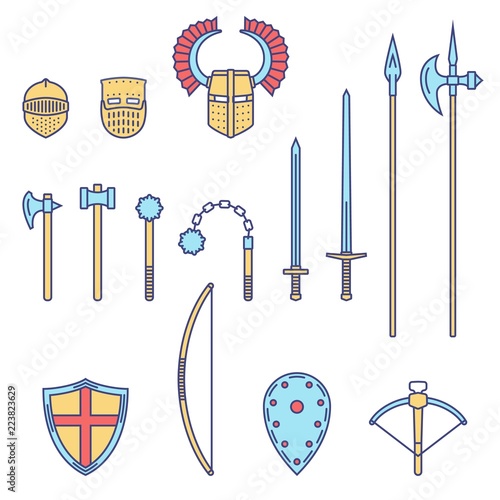 Medieval knight weapons and armors set. Medieval warrior equipment. Sword, hammer, axe, male, spear, pike,mace, bow, crossbow helmet shield. 