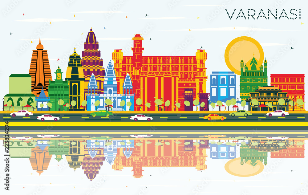 Obraz premium Varanasi India City Skyline with Color Buildings, Blue Sky and Reflections.