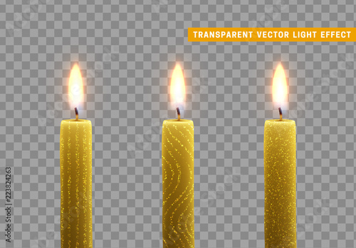 Candles burn with fire. Set of paraffin candles realistic isolated on transparent background. Element for design decor, vector illustration