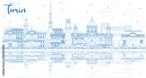 Outline Turin Italy City Skyline with Blue Buildings and Reflections.