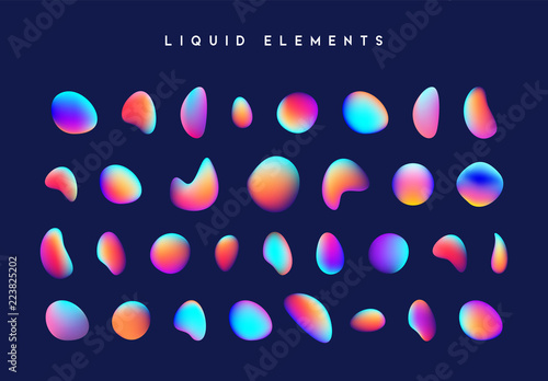 Gradient iridescent shapes. Set isolated liquid elements of holographic chameleon design palette of shimmering colors. Modern abstract pattern, bright colorful paint splash fluid.