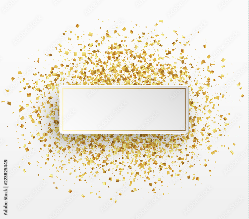 Gold confetti background. Paper white bubble for text. - obrazy, fototapety, plakaty 
