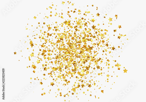 Falling shiny golden confetti isolated on transparent background. Bright festive tinsel of gold color.