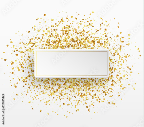 Gold confetti background. Paper white bubble for text.
