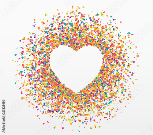 Colorful celebration background with confetti. Heart for text.