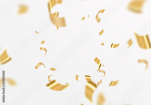 Falling shiny golden confetti isolated on white background. Bright festive tinsel of gold color.