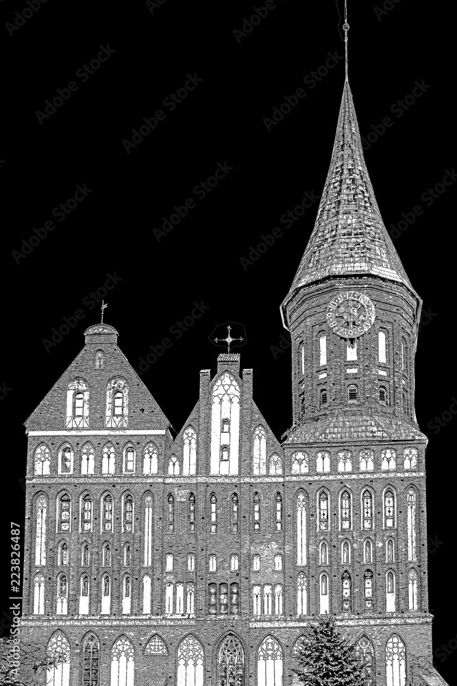 Stylized black and white image of the Cathedral in Kaliningrad.