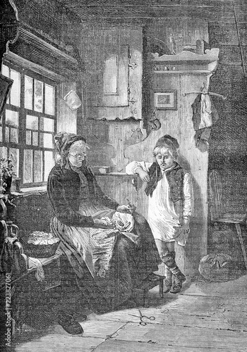 Grandma questioning at home uncomfortable child about some wrongdoing, vintage illustration