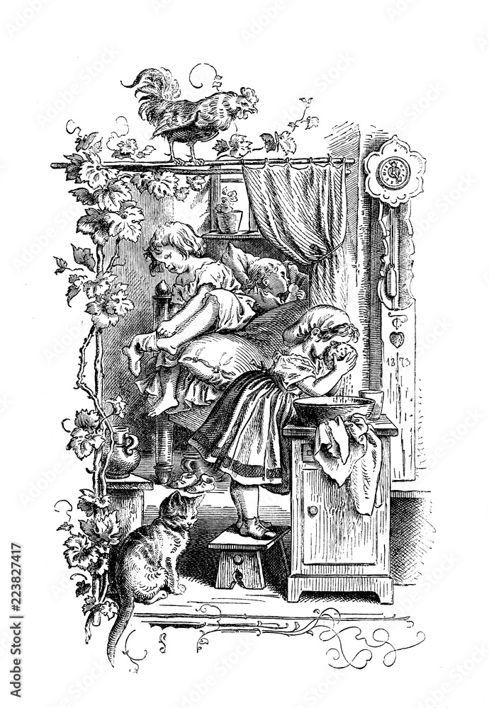Fototapeta premium Cute typographic chapter ornament, little girls waking up and washing summarily, vintage engraving