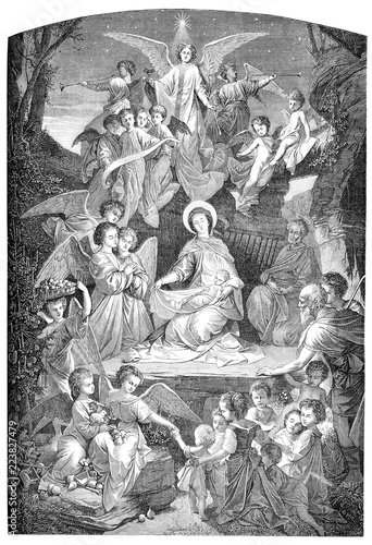 Holy night, nativity, Holy Mary, Joseph and Jesus child with angels, vintage engraving