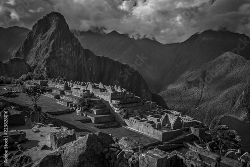 View of the Lost Incan City of Machu Picchu near Cusco, Peru. Machu Picchu is a Peruvian Historical Sanctuary and a UNESCO World Heritage Site. Machu Picchu is located in the Cusco Region in Peru.