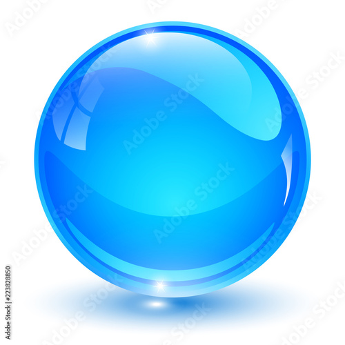 Glass sphere, blue 3D vector ball. 