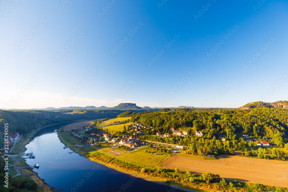 River Elbe at sunrise at famous Bastei, Rathen, Saxon Switzerland, Saxony, Germany