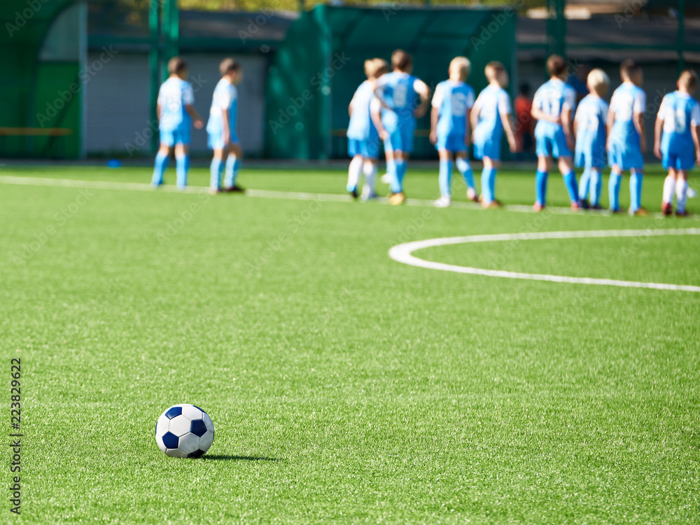 Obraz premium Football team of children and ball on field