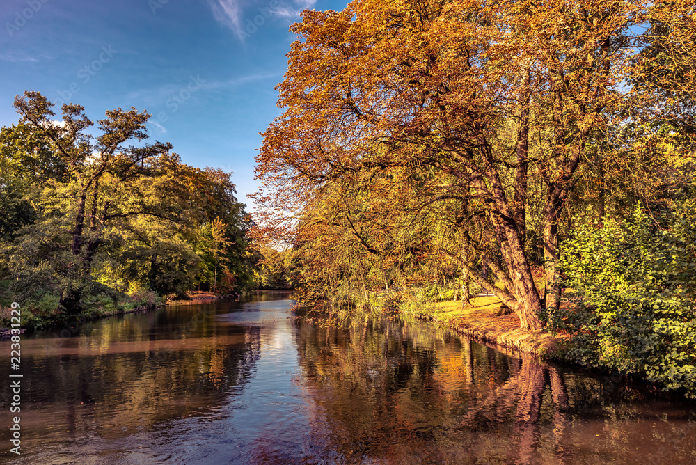 Obraz premium Spiegelung bunte Bäume am See im Herbst