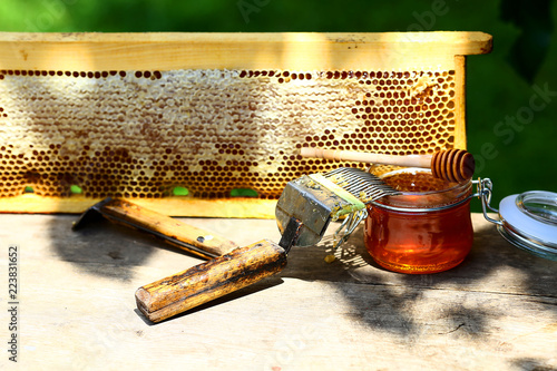 jar of fresh honey in a glass jar, beekeeping tools outside. frame with bees wax structure full of fresh bee honey in honeycombs. Beekeeping concept. Top view. Copy space photo