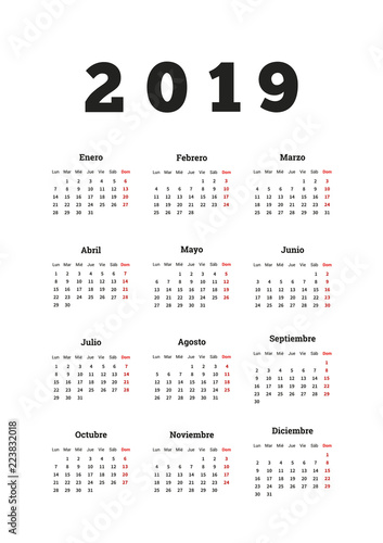2019 year simple calendar in spanish, a4 vertical sheet isolated on white
