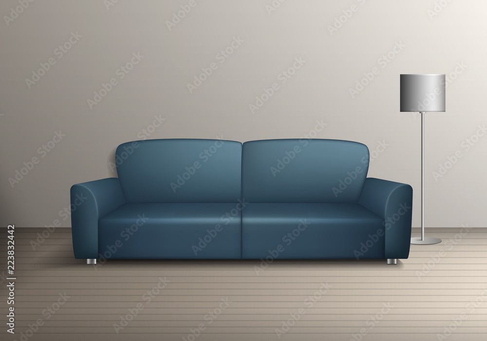 Vector interior illustration. Modern sofa furniture with lamp template elements on the floor Vector interior illustration. Modern sofa furniture with lamp template elements on the floor
