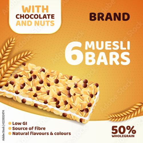 Realistic muesli bars advertising. Healthy grain snack package design template. Vector illustration advertisement