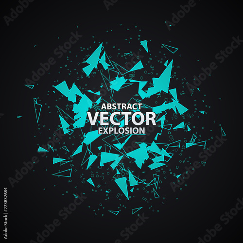 Abstract explosion with polygonal particles concept. Background vector illustration. Blue cold ice blast. Mint or menthol power