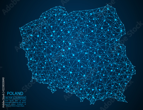 Obraz Dibond Mapa Polski składająca się z trójkątów, linii, punktów i połączeń 3D. Wektorowa ilustracja EPS 10.