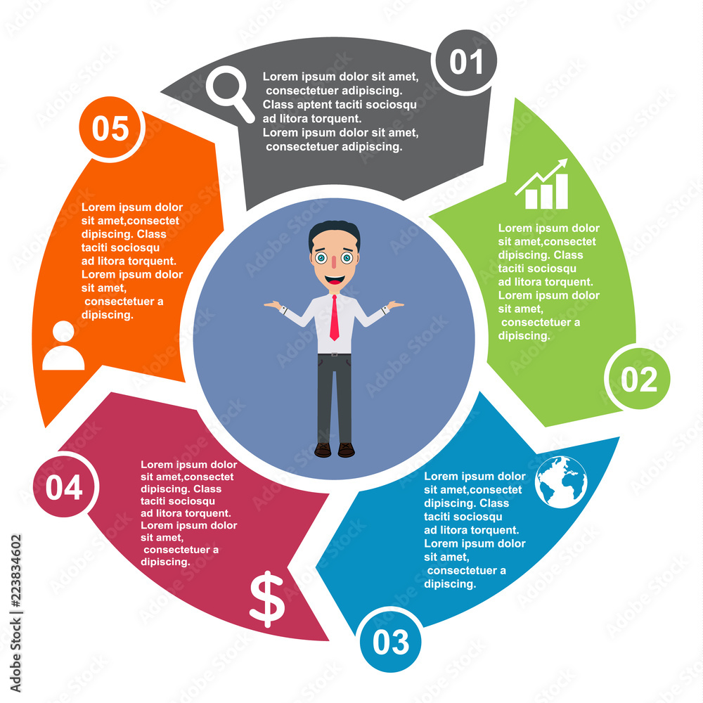 5 step vector element in five colors with labels, infographic diagram ...