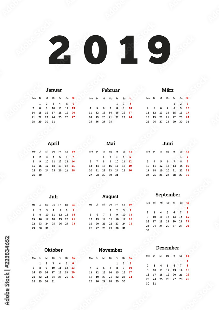 2019 year simple calendar on german language, a4 vertical sheet isolated on white 2019 year simple calendar on german language, a4 vertical sheet isolated on white