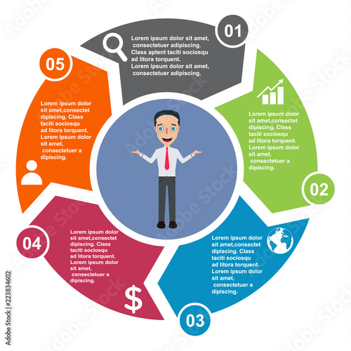 5 step vector element in five colors with labels, infographic diagram. Business concept of 5 steps or options with businessman