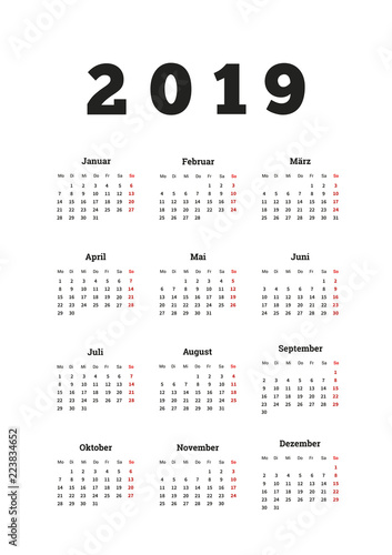 2019 year simple calendar on german language, a4 vertical sheet isolated on white