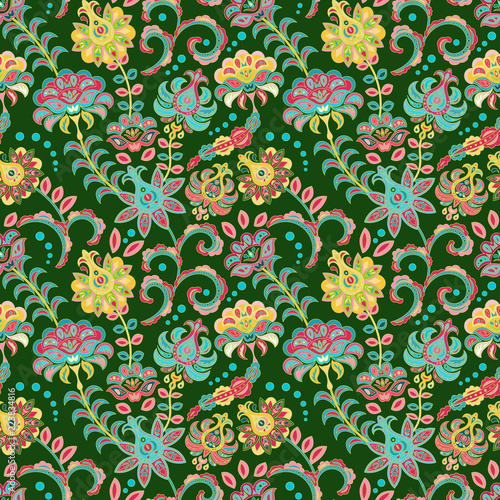 Fototapeta Naklejka Na Ścianę i Meble -  Seamless floral background.Colorful flowers and leafs on green background. Vector illustration.
