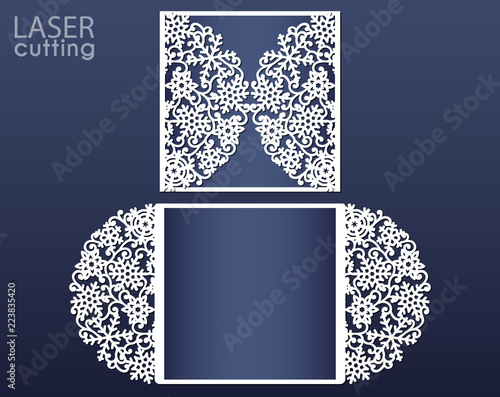 Laser cut wedding card template, suitable for Christmas cards, invitations for Christmas party. Cutout paper gate fold card with snowflakes pattern for laser or die cutting.