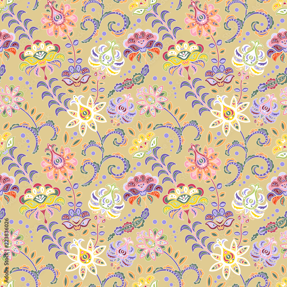 Seamless floral background. Delicate pastel flowers and leafs on beige background. Vector illustration. Seamless floral background. Delicate pastel flowers and leafs on beige background. Vector illustration.