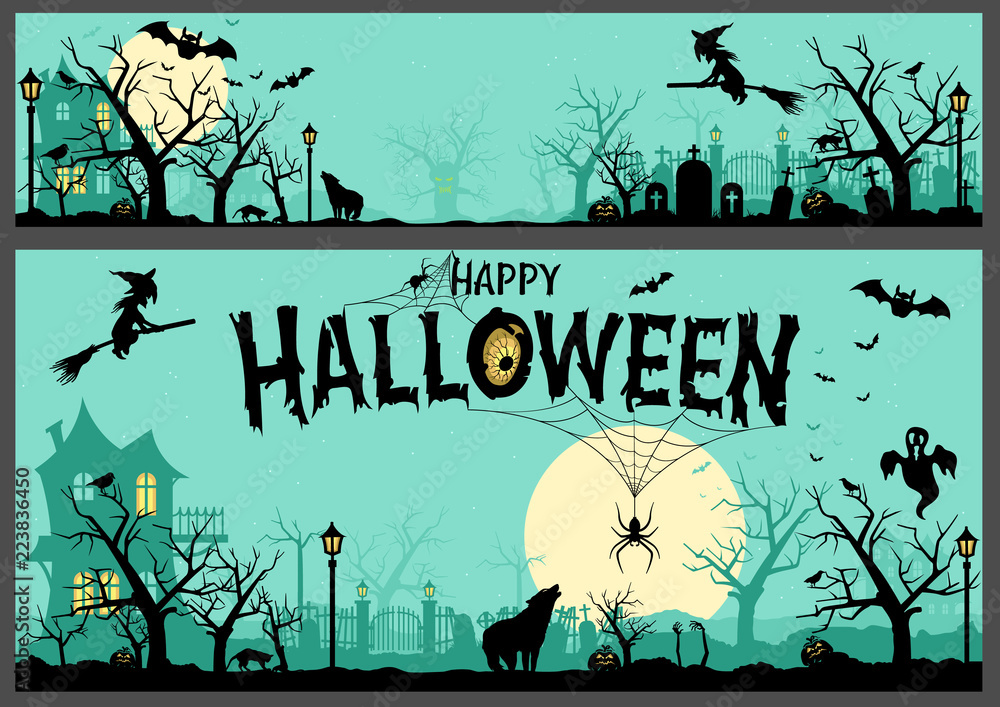Fototapeta premium Halloween Background and Banner - Colored Illustration with Black Silhouetted Scary Elements, Vector